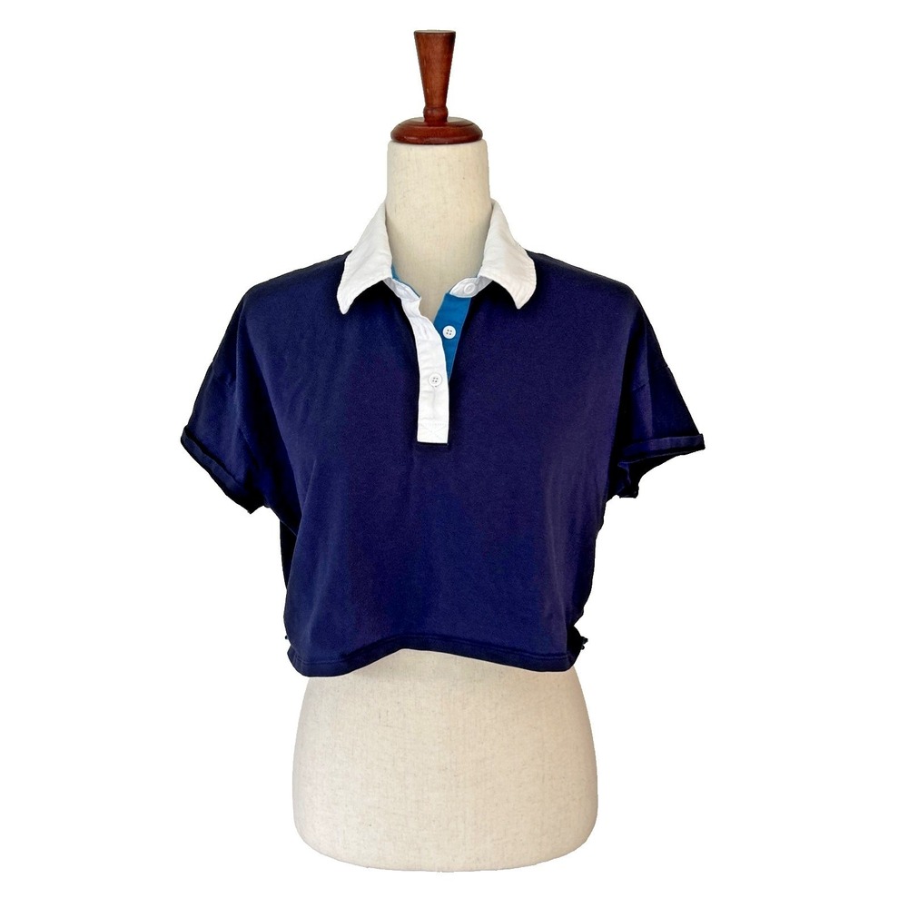 BEACH RIOT Women's XS Boxy‎ Crop Polo Tennis Shirt Navy Blue Oversized Preppy